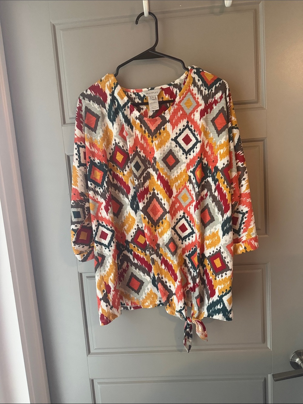 Multiples Multicolor Geometric Tie-Hem Blouse